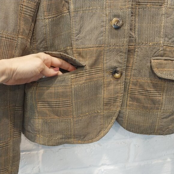 Vintage GAP Jacket Womans 8 Brown Houndstooth Plaid Patchwork Blazer Y2K Cotton. - Picture 9 of 16